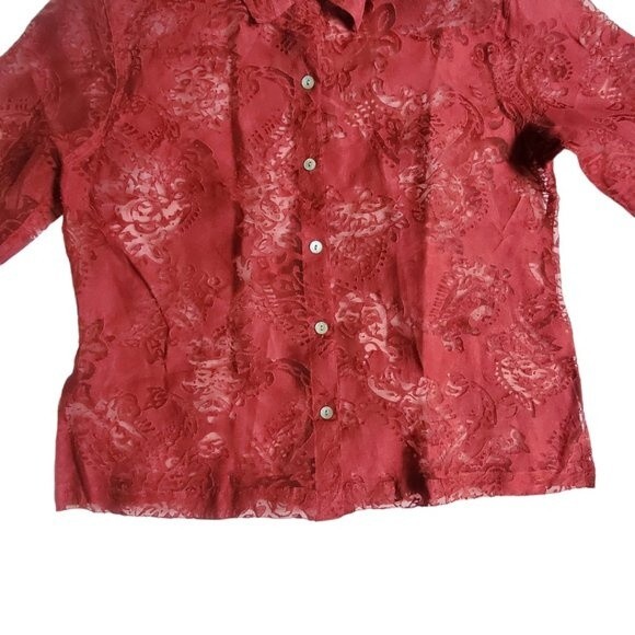 Mirasol Red Floral 3/4 Sleeve Semi-Sheer Button-Up Top Sz M - Picture 5 of 14